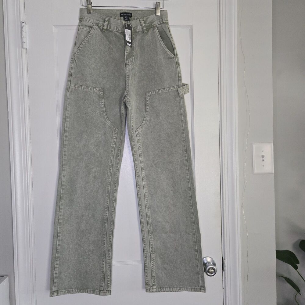 PrettyLittleThing Seam Detail Panel Straight Leg Washed Khaki Denim Jeans